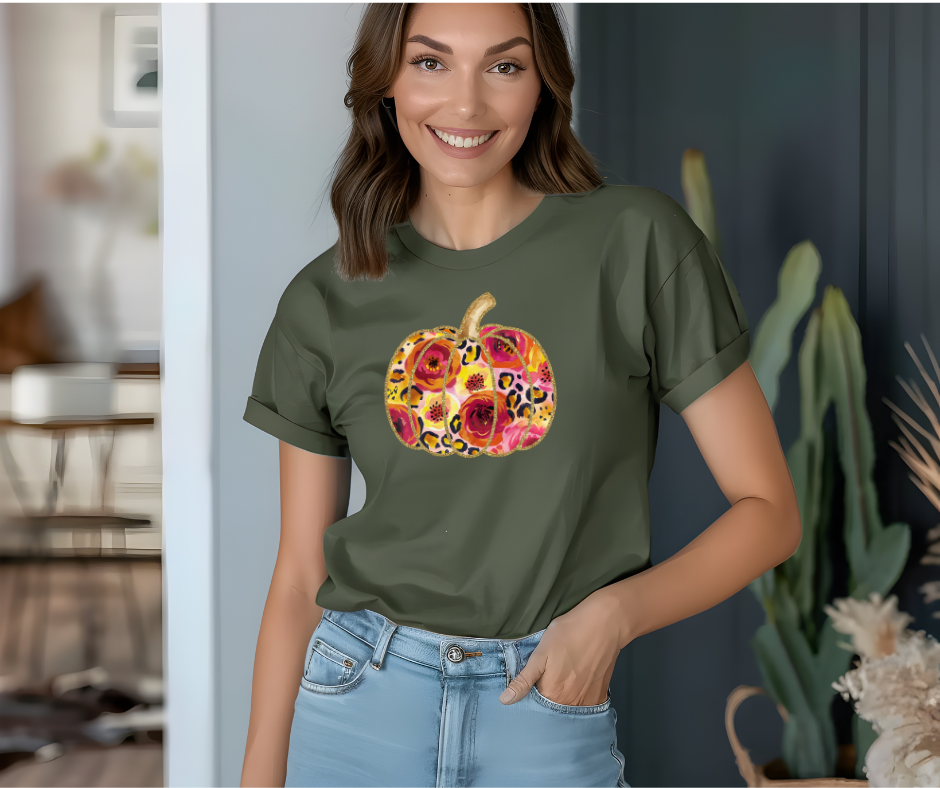 Floral Leopard Pumpkin T-Shirt | Fall Graphic Tee