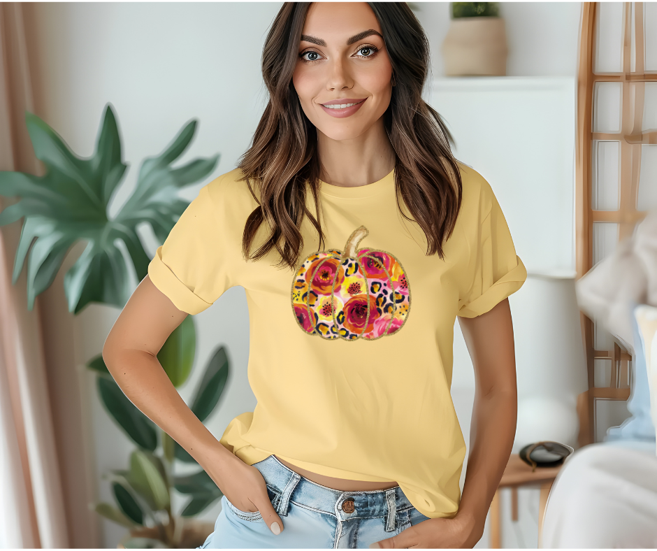 Floral Leopard Pumpkin T-Shirt | Fall Graphic Tee