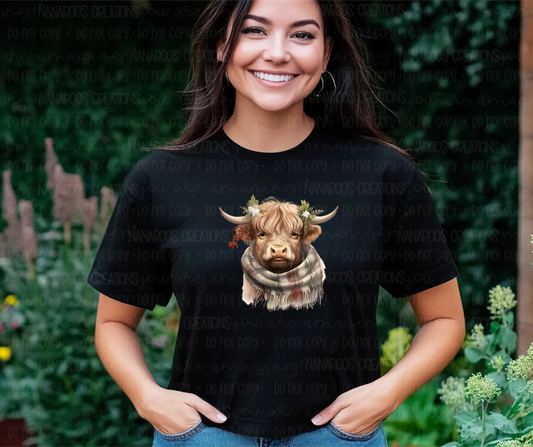 wintery highland cow t-shirt