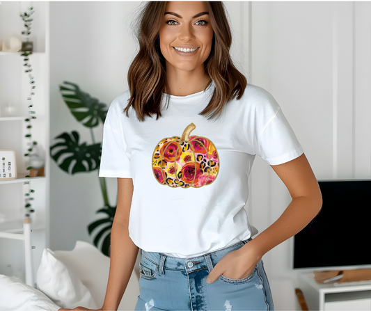 Floral Leopard Pumpkin T-Shirt | Fall Graphic Tee
