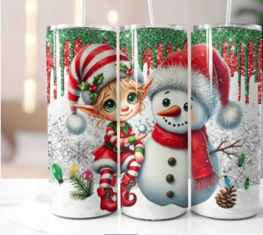 Elf and Snowman 20 oz tumbler